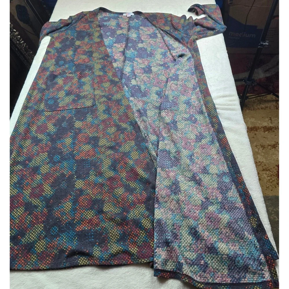 LuLaRoe Sarah Cardigan Large Open Front Duster Geometric Ribbed Knit Pockets